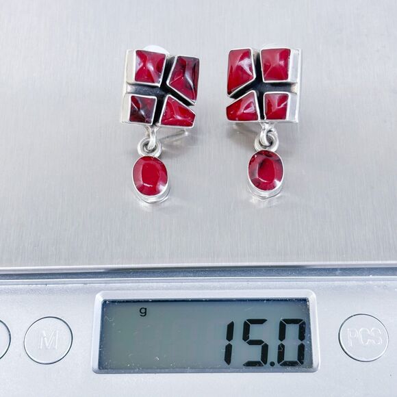 Vintage Sterling Silver 925 Red Jasper Dangle Statement Earrings - Picture 6 of 7